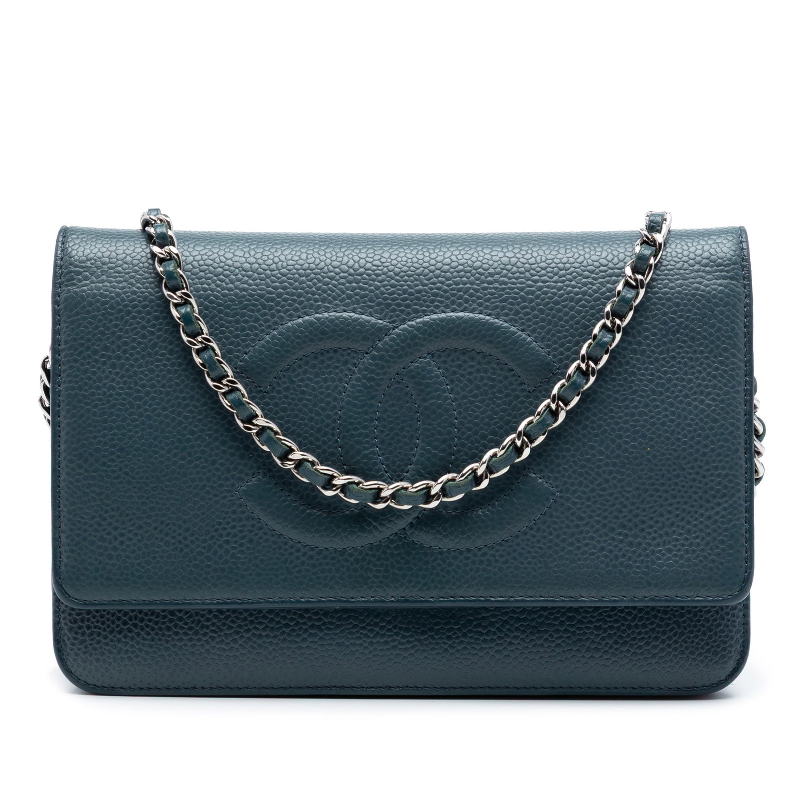 Chanel CC Wallet On Chain Blue Caviar Leather Bag: Chanel CC Wallet On Chain Blue Caviar Leather Bag Chanel CC Caviar Wallet On Chain in blue caviar leather with a leather-woven chain strap and top flap with magnetic closure. The interior includes zip