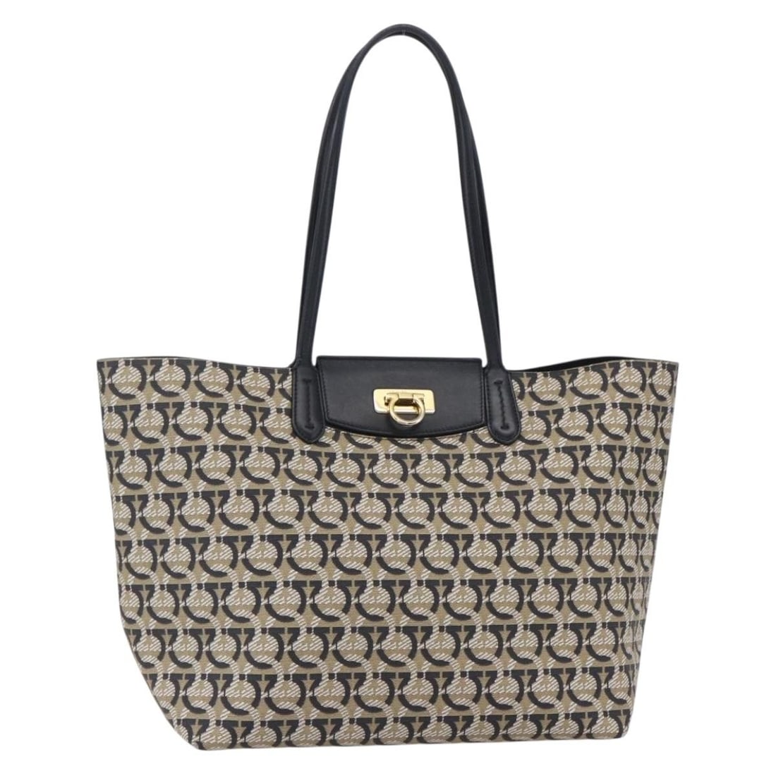 Salvatore Ferragamo Navy Gold Canvas Gancini Tote Bag: Salvatore Ferragamo Navy Gold Canvas Gancini Tote Bag This Salvatore Ferragamo Gancini tote bag is crafted from navy and gold canvas and features the iconic Gancini design. Made in Italy, it has a spa