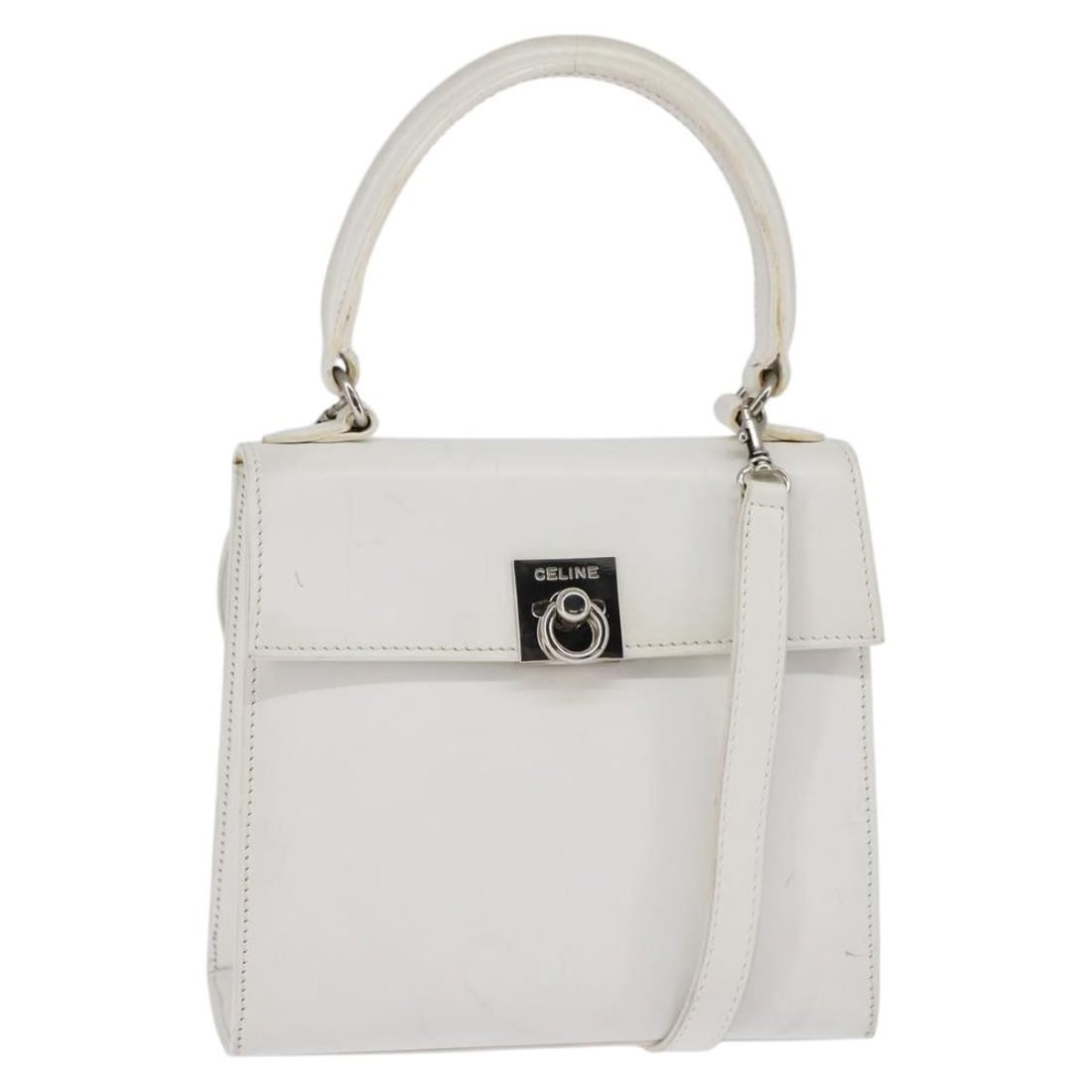 CELINE White Silver Leather 2way Handbag with Strap Dust Bag: CELINE White Silver Leather 2way Handbag with Strap Dust Bag This CELINE handbag is crafted from leather in a white and silver color combination and offers versatile 2-way carrying options with both h