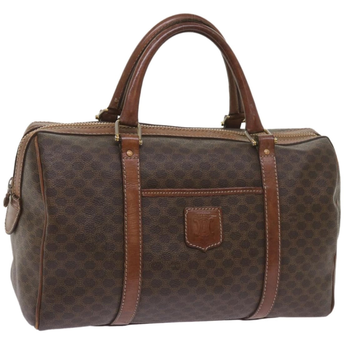 CELINE Macadam Boston Bag Brown PVC Leather Italy: CELINE Macadam Boston Bag Brown PVC Leather Italy Authentic CELINE Macadam canvas Boston bag in brown with PVC leather trim. Made in Italy, this women's handbag shows heavy use with visible wear throu