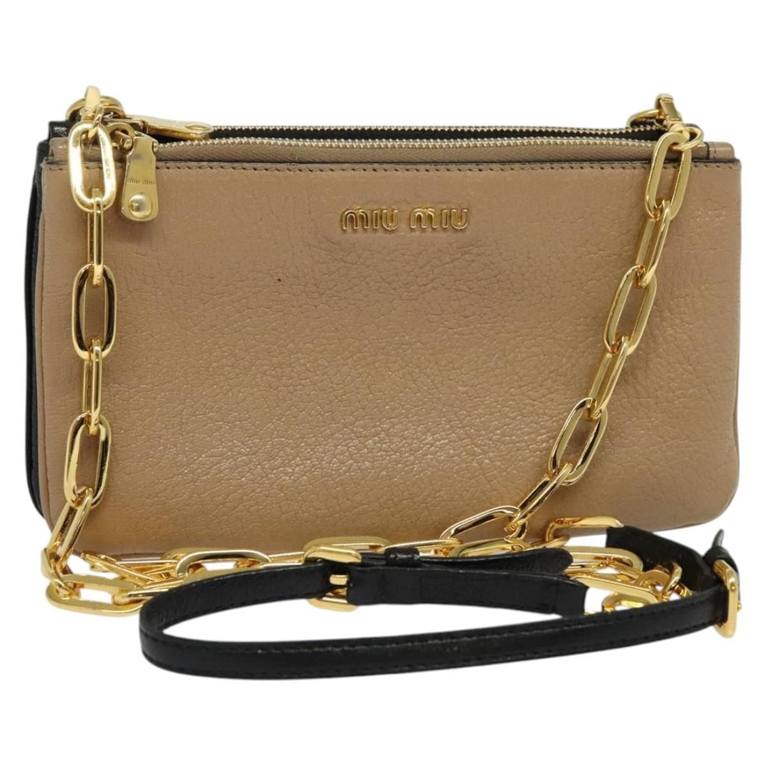 Miu Miu Leather Shoulder Bag Beige with Gold Tone Chain: Miu Miu Leather Shoulder Bag Beige with Gold Tone Chain Miu Miu shoulder bag in beige and gold leather with a chain shoulder strap. Made in Italy, this women's bag is offered as the item only; box and