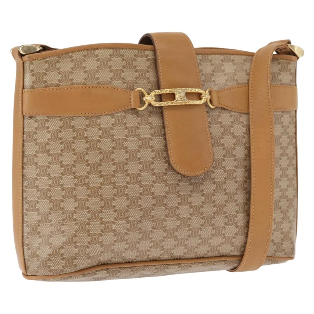 Celine Beige Macadam Canvas and PVC Leather Shoulder Bag Gold Accents: Celine Beige Macadam Canvas and PVC Leather Shoulder Bag Gold Accents This CELINE Macadam shoulder bag features a beige and gold PVC leather and canvas exterior. The bag has a structured silhouette wi