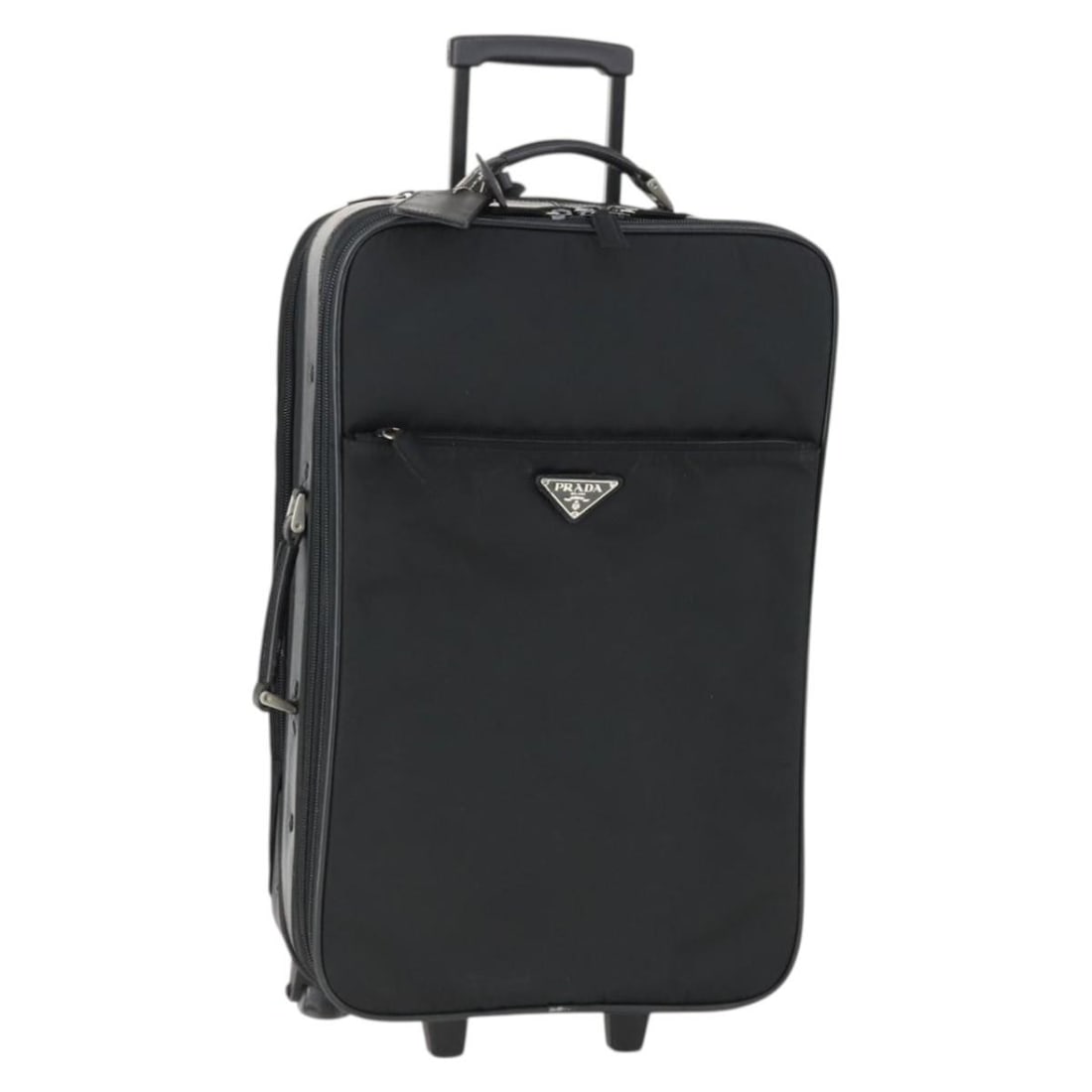 Prada Black Nylon Suitcase with Silver Tone Accents and Name Tag: Prada Black Nylon Suitcase with Silver Tone Accents and Name Tag This PRADA suitcase features a sleek design crafted from black nylon with silver-tone accents. Made in Italy, it offers a spacious main