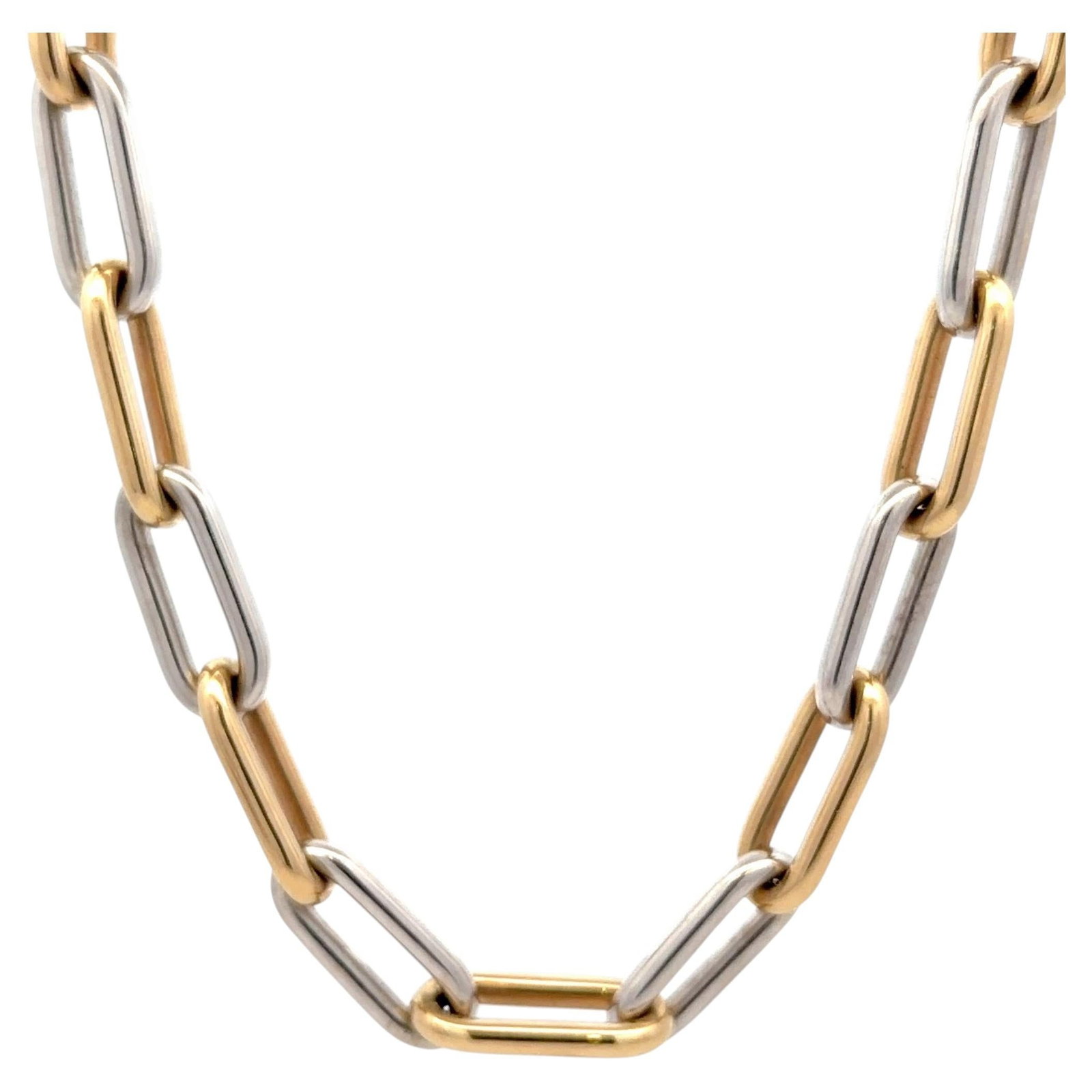 14K Two-Tone Paperclip Link Necklace Italy 16 in: 14K Two-Tone Paperclip Link Necklace Italy 16 in This Italian two-tone gold paperclip link necklace features a sophisticated combination of 14k yellow and white gold elongated links, offering a bold y
