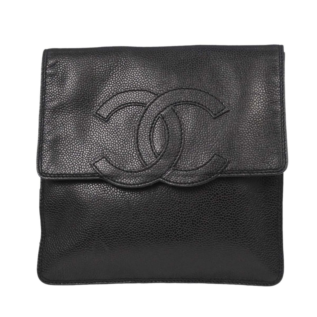 CHANEL Black Leather Medium Shoulder Bag Made in Italy: CHANEL Black Leather Medium Shoulder Bag Made in Italy Vintage Chanel shoulder bag in black caviar skin leather with a shoulder strap and serial sticker. The exterior shows scuffs and dirt, while the 