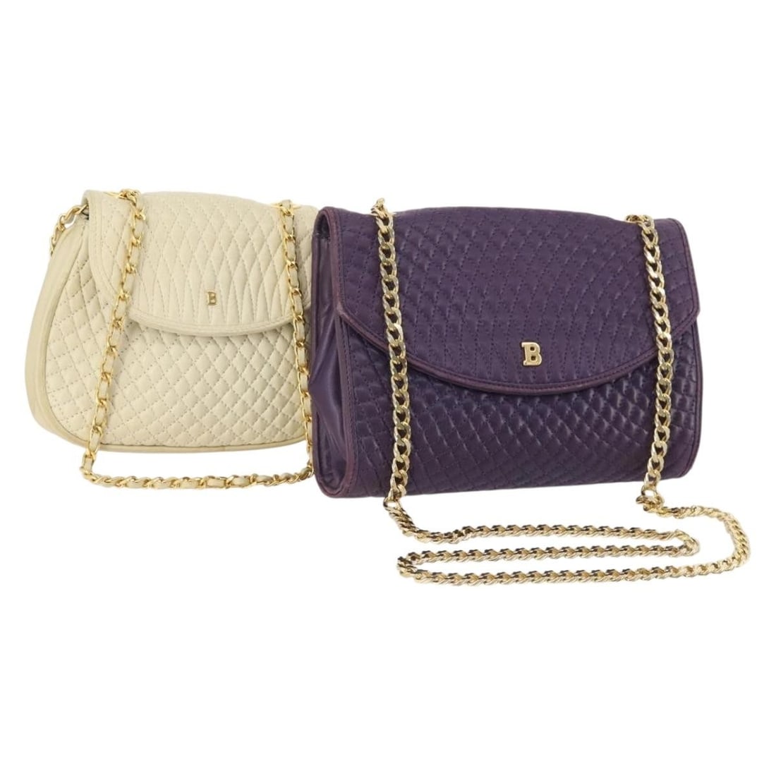 BALLY leather shoulder bag pair in purple and white: BALLY leather shoulder bag pair in purple and white Authentic Bally shoulder bag in purple and white leather with a chain strap. This women's bag is made in Italy and is offered as a 2-set. Please not