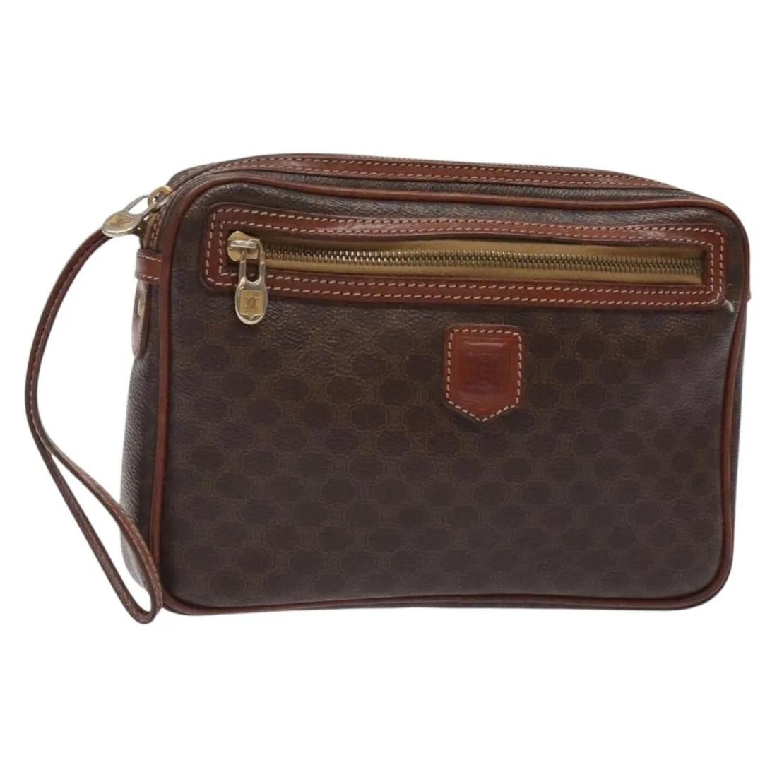 Celine Macadam Brown PVC Pochette 26cm by 16cm by 4cm: Celine Macadam Brown PVC Pochette 26cm by 16cm by 4cm This Celine Macadam Pochette is a women's brown PVC pouch featuring signs of use including surface wear, stains, scratches, slight cracking on the