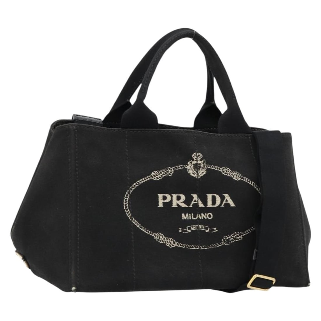 PRADA Canapa MM Canvas 2way Handbag with Shoulder Strap Black: PRADA Canapa MM Canvas 2way Handbag with Shoulder Strap Black Prada Canapa MM 2-way handbag in black canvas with gold-tone accents. Made in Italy, this women's handbag includes a shoulder strap for ha