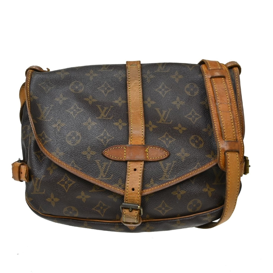 Louis Vuitton Saumur 30 Monogram Shoulder Bag M42256 VI0952: Louis Vuitton Saumur 30 Monogram Shoulder Bag M42256 VI0952 Vintage Louis Vuitton Saumur 30 messenger shoulder bag in brown Monogram canvas with leather trim. This medium bag features a brown lining, 
