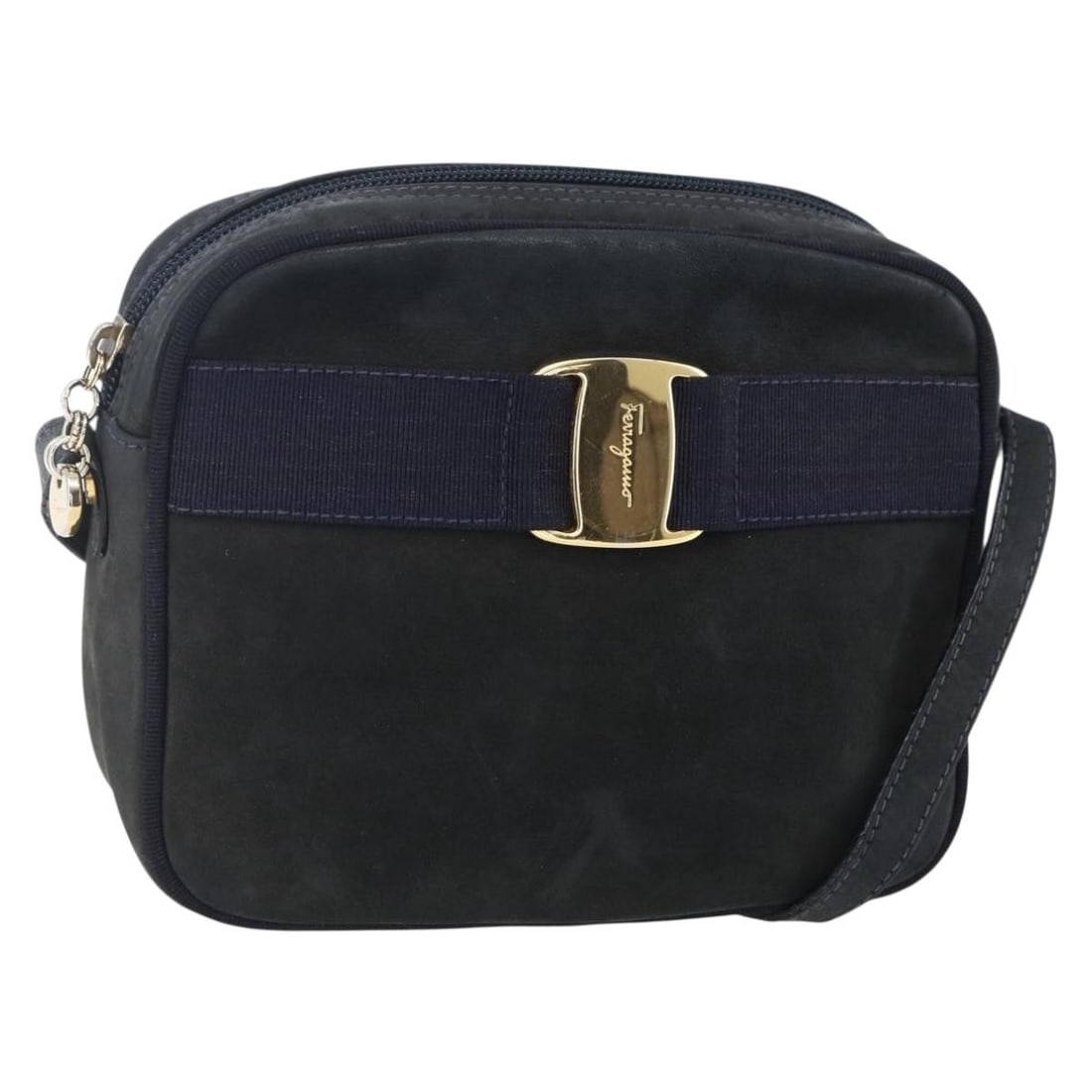Salvatore Ferragamo Vala Navy Gold Leather Shoulder Bag Auth BA7534: Salvatore Ferragamo Vala Navy Gold Leather Shoulder Bag Auth BA7534 This Salvatore Ferragamo Vala Shoulder Bag is a stylish accessory crafted in Italy. Made from high-quality leather, the bag features