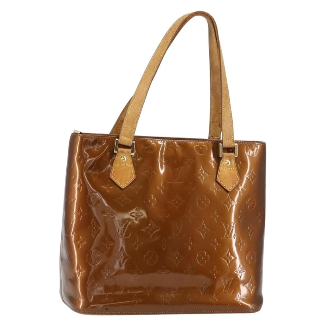 Louis Vuitton Houston Monogram Vernis Bronze Patent Leather Handbag M91122: Louis Vuitton Houston Monogram Vernis Bronze Patent Leather Handbag M91122 This is a Louis Vuitton Monogram Vernis Houston handbag crafted from bronze patent leather. The bag exhibits noticeable signs
