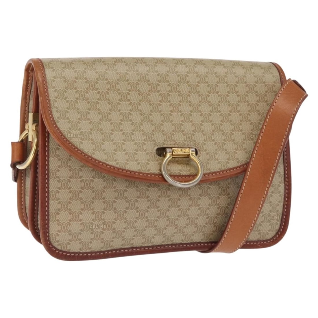 CELINE Macadam Shoulder Bag Beige PVC Leather Gold Tone: CELINE Macadam Shoulder Bag Beige PVC Leather Gold Tone Celine Macadam canvas shoulder bag in beige and gold, crafted with PVC leather. This women's shoulder bag was made in Italy and includes only th