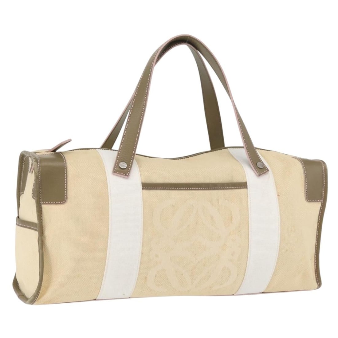 Loewe Anagram Canvas and Leather Beige Silver Women's Handbag Spain: Loewe Anagram Canvas and Leather Beige Silver Women's Handbag Spain This LOEWE Anagram handbag is crafted from beige and silver canvas with leather accents. Designed for women, the bag is made in Spai