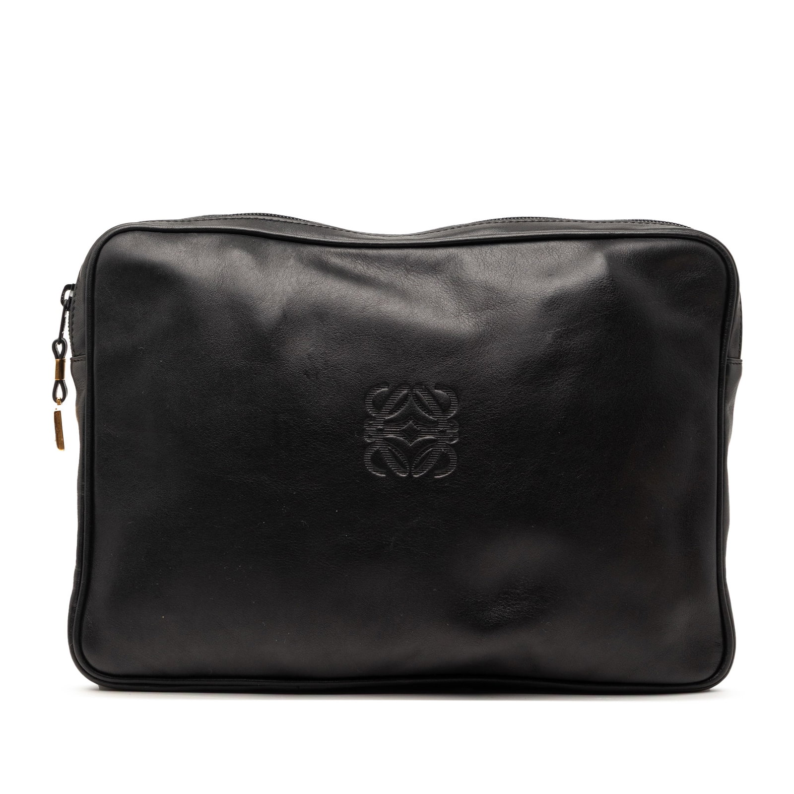 LOEWE black leather zip clutch bag: LOEWE black leather zip clutch bag This LOEWE Leather Anagram Clutch features a black leather body with a top zip closure. The closure has been repainted. The bag shows signs of use, including scratch