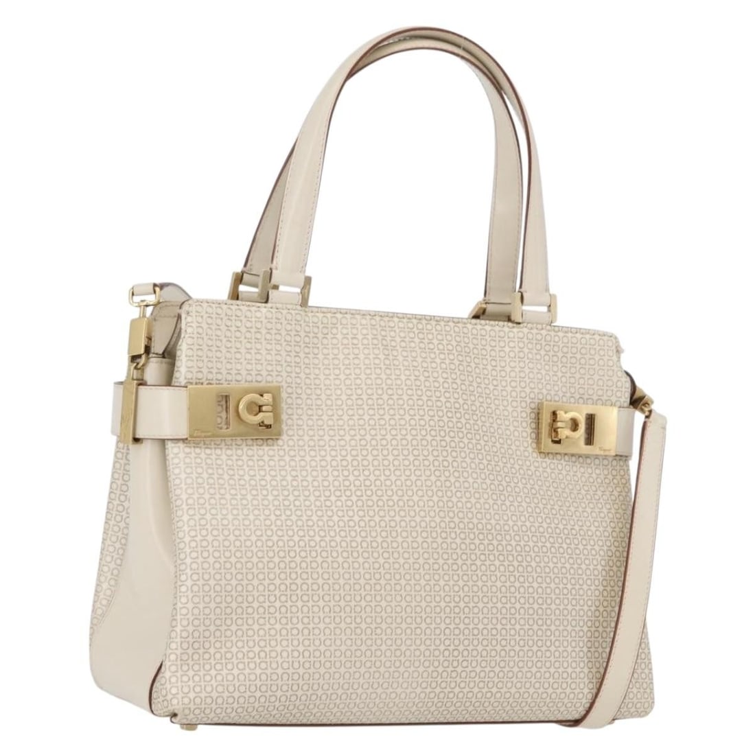 Salvatore Ferragamo Ivory Gold Leather Gancini Shoulder Bag with Strap: Salvatore Ferragamo Ivory Gold Leather Gancini Shoulder Bag with Strap This Salvatore Ferragamo Gancini handbag is crafted from ivory and gold leather and offers versatile carrying options with both h