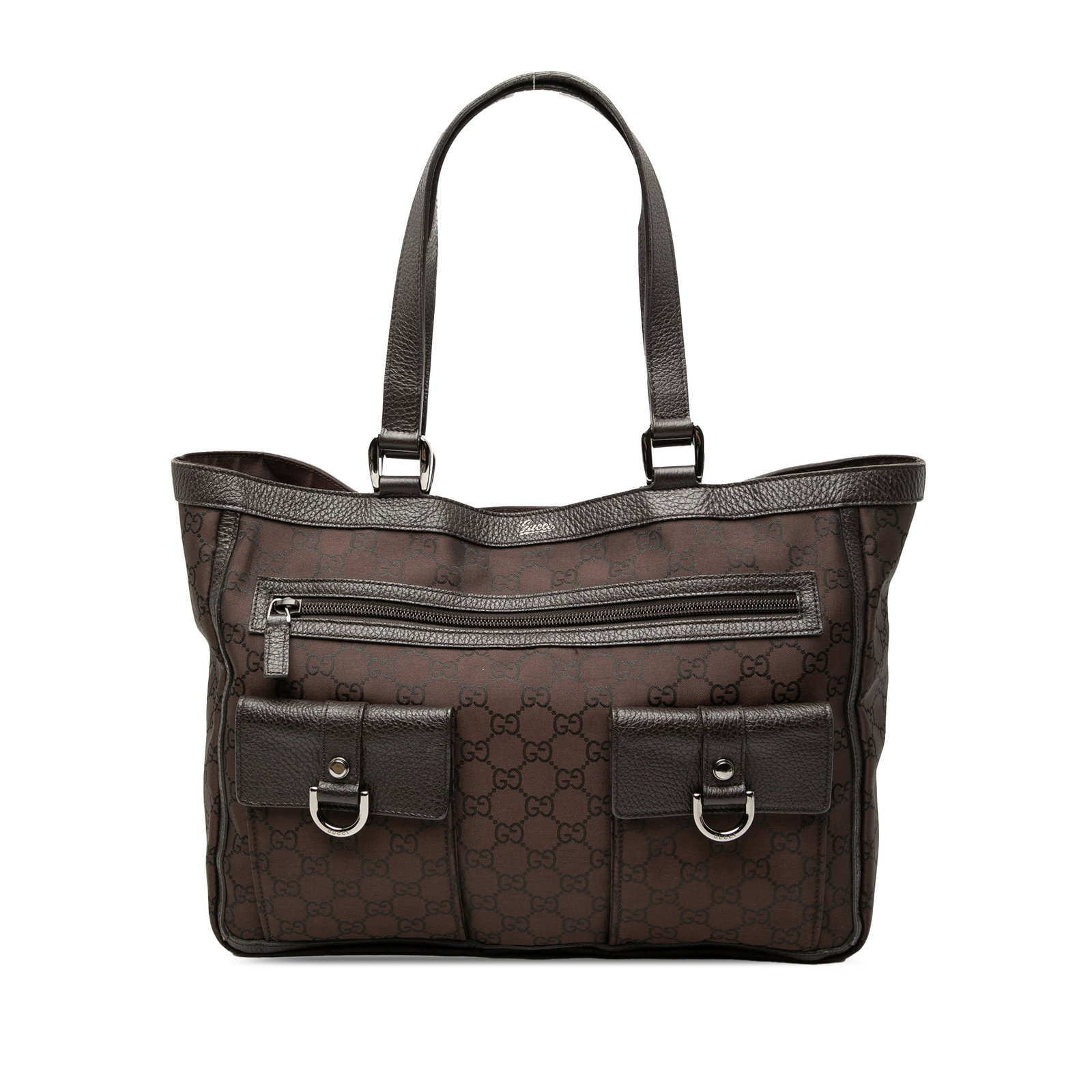 Gucci Abbey D-Ring Brown Nylon Tote Bag with Leather Trim: Gucci Abbey D-Ring Brown Nylon Tote Bag with Leather Trim This Gucci GG Nylon Abbey D Ring Pocket Tote features a brown nylon exterior with leather trim, flat leather straps, and an open top with a ma