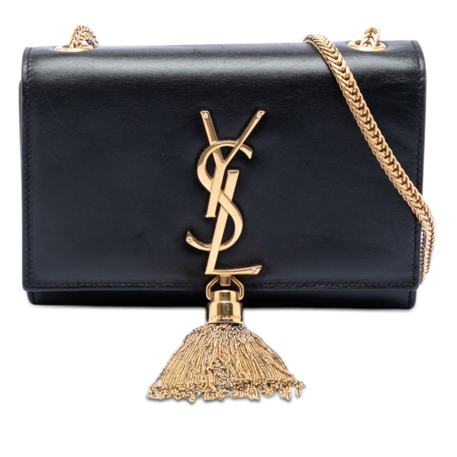 Saint Laurent Kate black leather tassel crossbody bag: Saint Laurent Kate black leather tassel crossbody bag This Saint Laurent Small Leather Monogram Kate Tassel Crossbody features a black leather body accented by a gold-tone curb chain strap and a decor