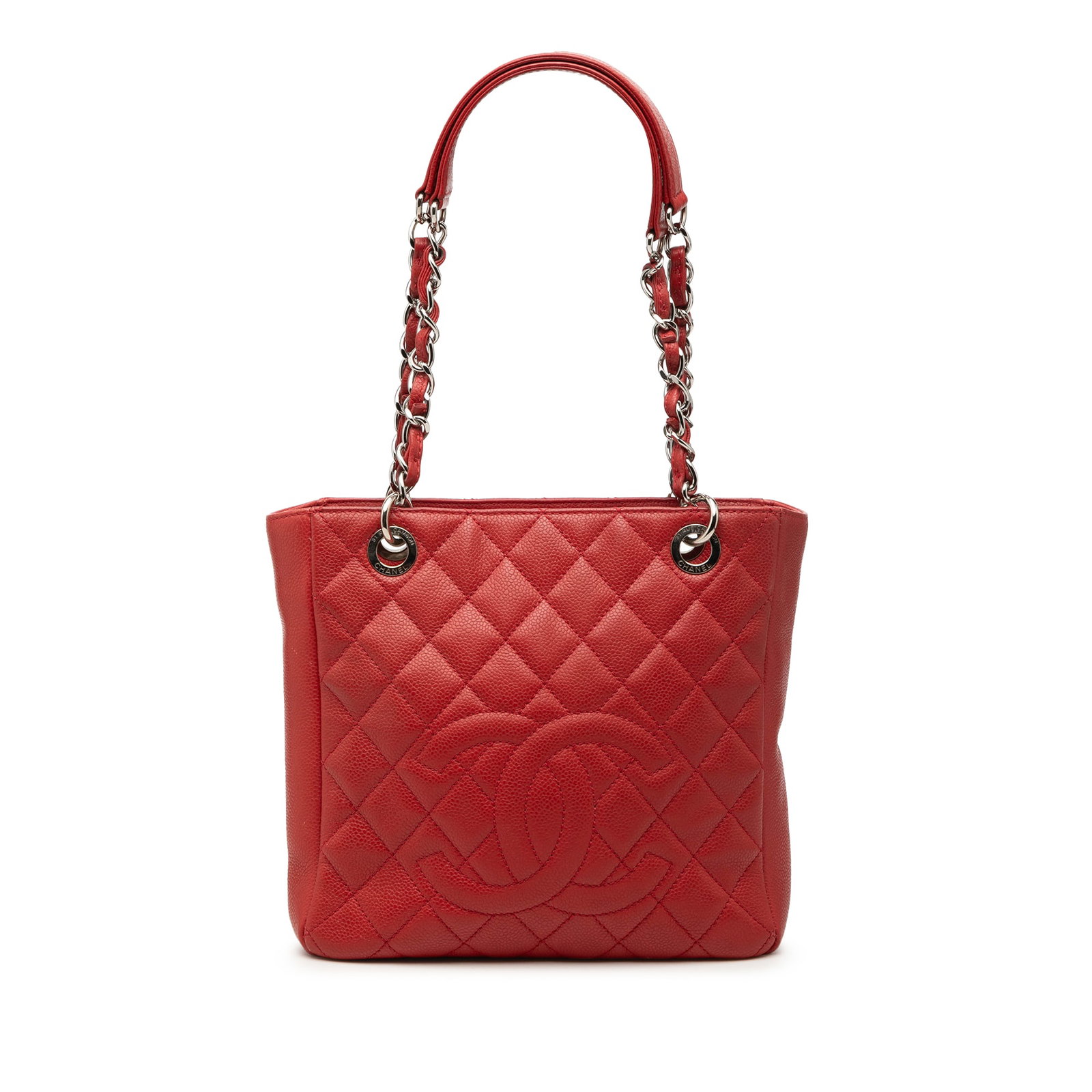 Chanel red quilted caviar leather petite shopping tote: Chanel red quilted caviar leather petite shopping tote This Chanel Caviar Petite Shopping Tote features a quilted caviar leather body in red, complemented by leather-woven chain shoulder straps with a