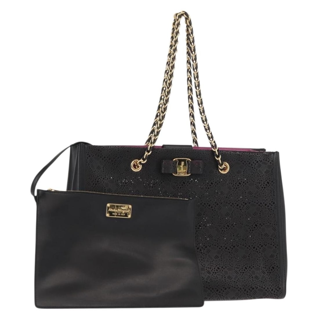 Salvatore Ferragamo Vala Chain Leather Tote Black Gold Pouch Italy: Salvatore Ferragamo Vala Chain Leather Tote Black Gold Pouch Italy This Salvatore Ferragamo Vala Chain Tote Bag is crafted from black leather with gold-tone accents, offering a sophisticated and timel