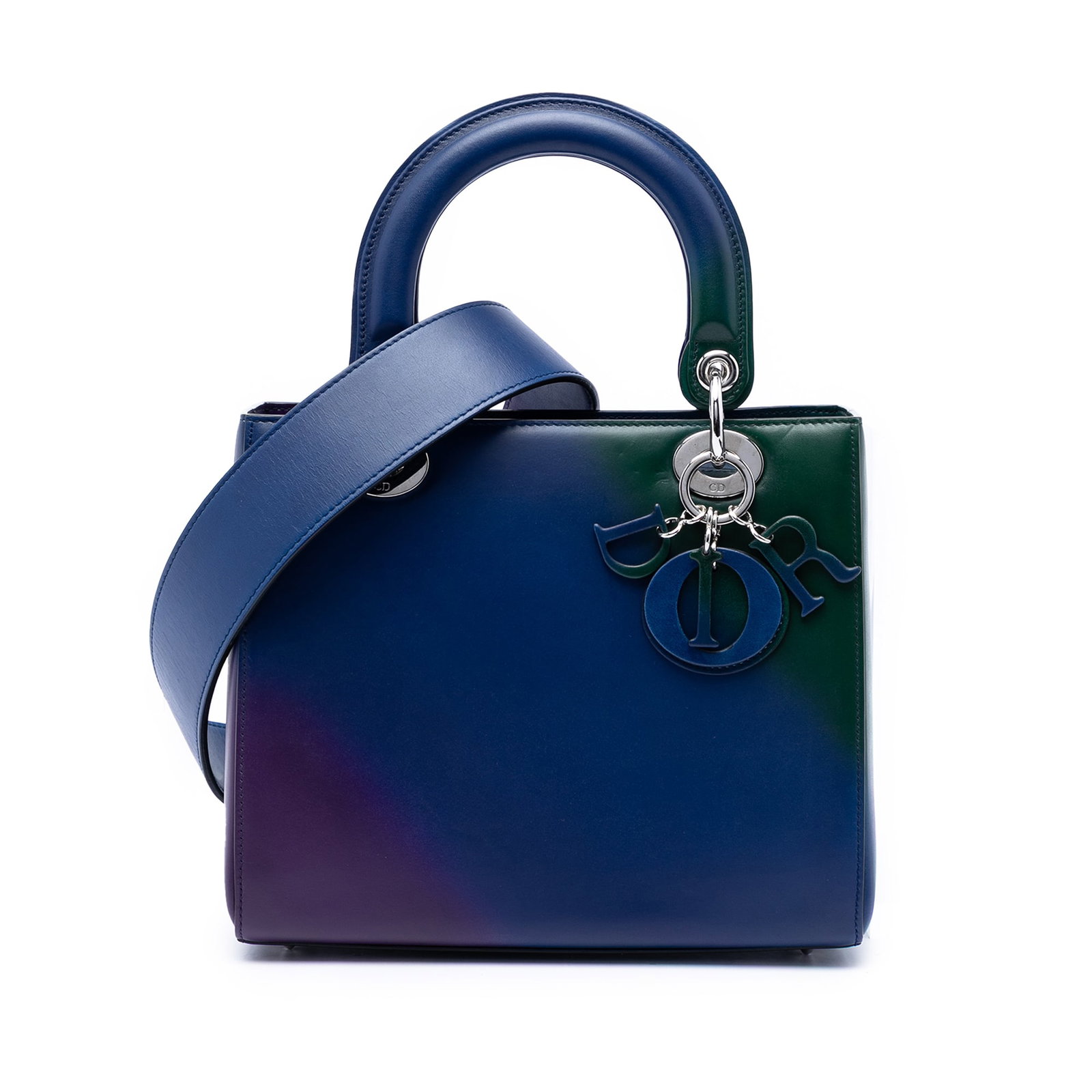 Dior Medium Ombre Calfskin Lady Dior Bag: Dior Medium Ombre Calfskin Lady Dior Bag This Medium Ombre Calfskin Lady Dior bag features a blue leather body with flat leather top handles and a detachable flat leather shoulder strap. It is designe
