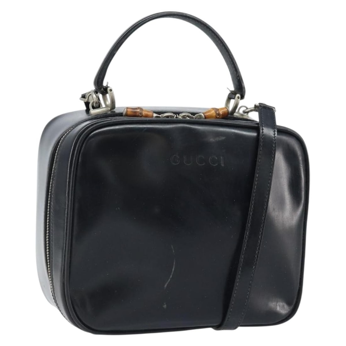 Gucci Black Patent Leather Bamboo Handle Bag With Shoulder Strap: Gucci Black Patent Leather Bamboo Handle Bag With Shoulder Strap This GUCCI Bamboo Hand Bag features a two-way design crafted from black patent leather with silver-tone accents. Designed for women, it