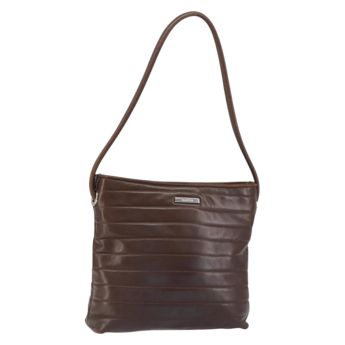 Gucci Leather Shoulder Bag in Brown with Silver Tone Hardware: Gucci Leather Shoulder Bag in Brown with Silver Tone Hardware Authentic Gucci shoulder bag in brown leather with silver-tone accents. Made in Italy, this women's bag has a compact silhouette and is of