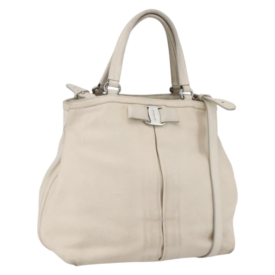 White Leather Vala Satchel by Salvatore Ferragamo with Shoulder Strap: White Leather Vala Satchel by Salvatore Ferragamo with Shoulder Strap This Salvatore Ferragamo Vala handbag features a 2-way design crafted from white and silver leather. The bag includes both a handl