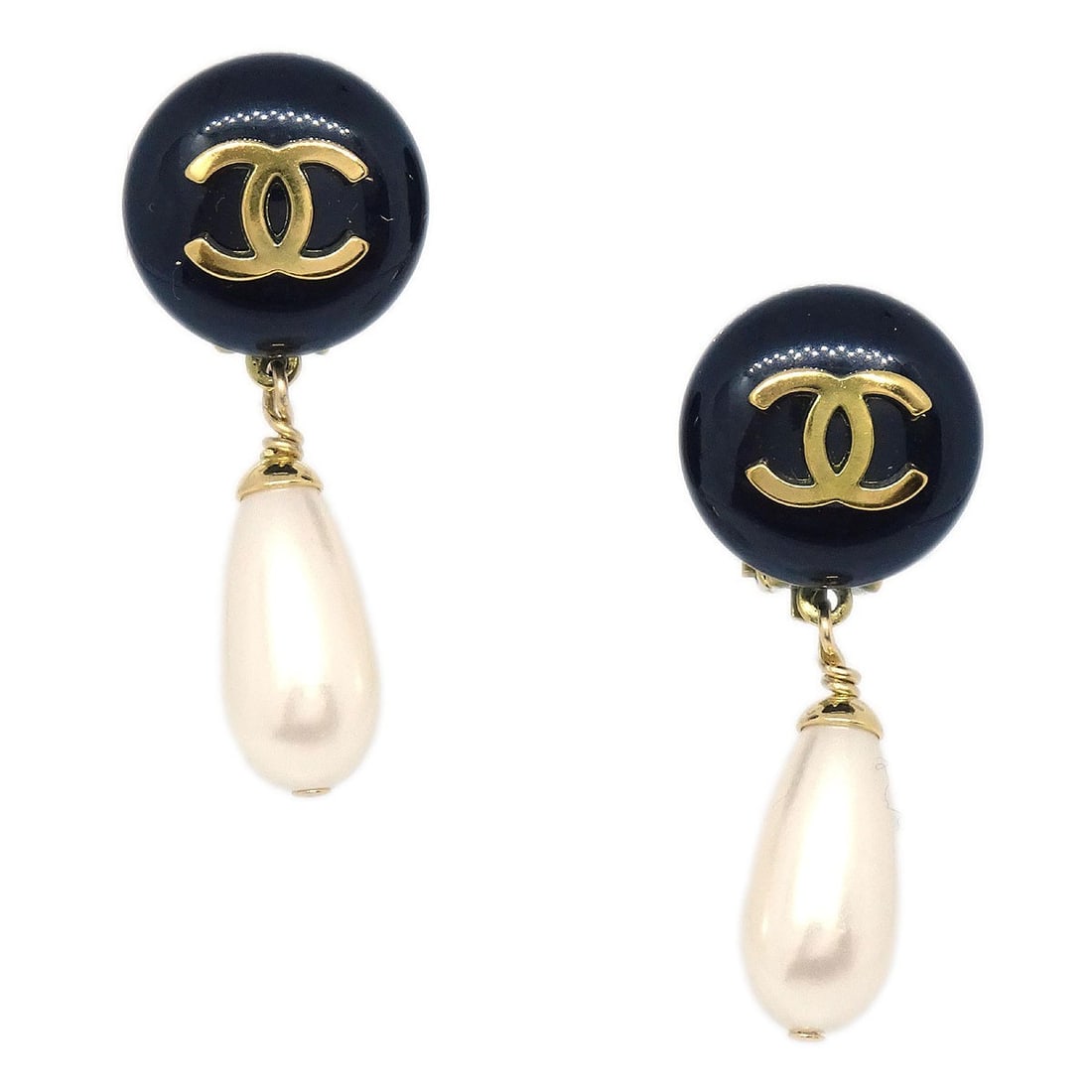Chanel 94A Gold Plated Clip On Earrings with Faux Pearl Dangle: Chanel 94A Gold Plated Clip On Earrings with Faux Pearl Dangle Chanel clip-on dangle earrings in gold-plated metal with artificial pearl accents. This pair features a button-style design in gold, blac