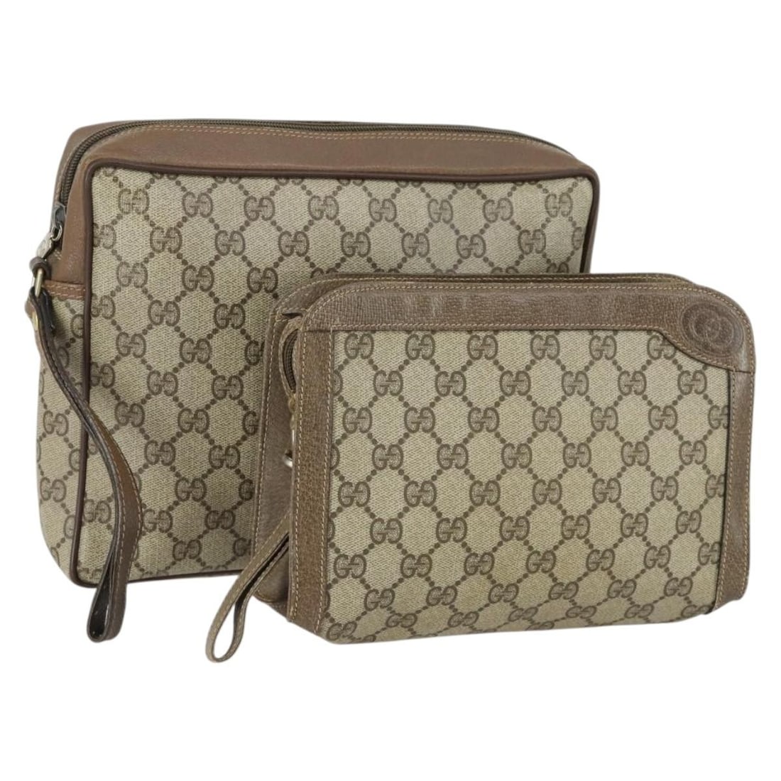 Set of 2 Beige PVC GG Supreme Clutch Bags by Gucci: Set of 2 Beige PVC GG Supreme Clutch Bags by Gucci This is a set of two authentic GUCCI GG Supreme clutch bags crafted from beige PVC leather and GG canvas. Made in Italy, both bags are categorized as