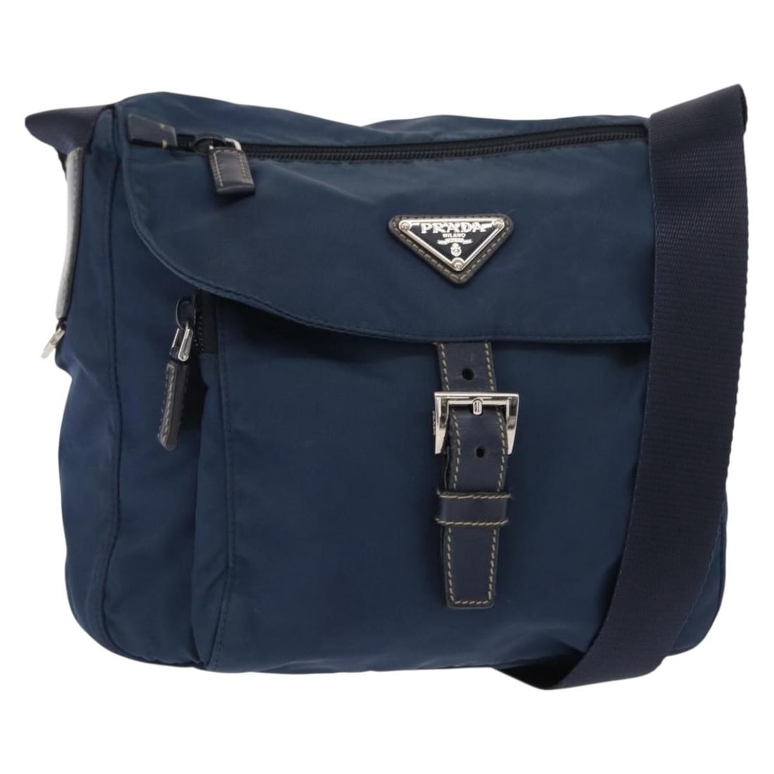 PRADA Navy Silver Nylon Shoulder Bag with Dust Bag: PRADA Navy Silver Nylon Shoulder Bag with Dust Bag Elevate your accessory collection with this authentic PRADA Shoulder Bag, crafted in Italy. This stylish shoulder bag features a durable nylon exteri