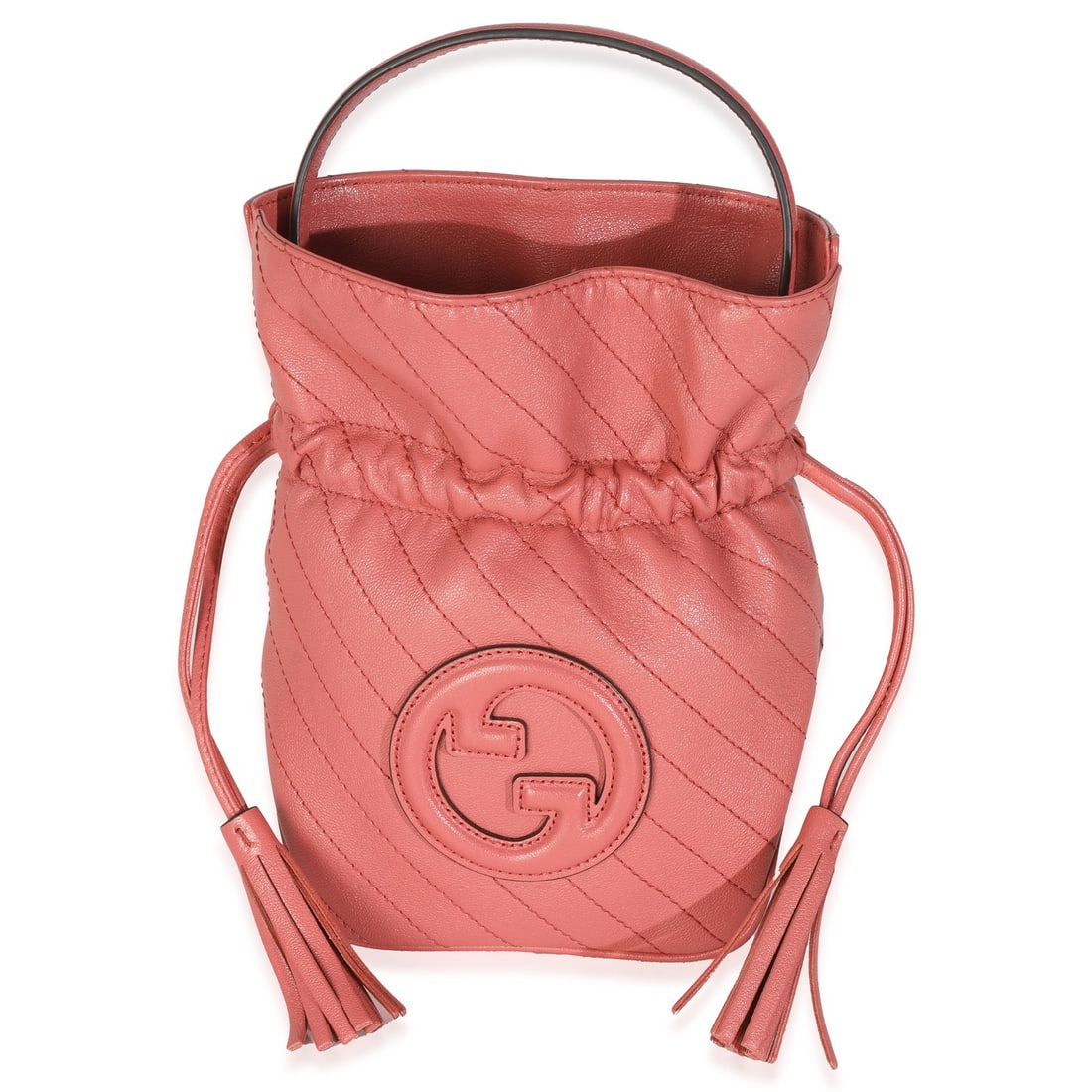 Pink Calfskin Gucci Blondie Bucket Handbag: Pink Calfskin Gucci Blondie Bucket Handbag This Gucci Blondie Bucket Bag is crafted from pink calfskin leather and features a drawstring and open top closure. The bag is accented with silver-tone hard