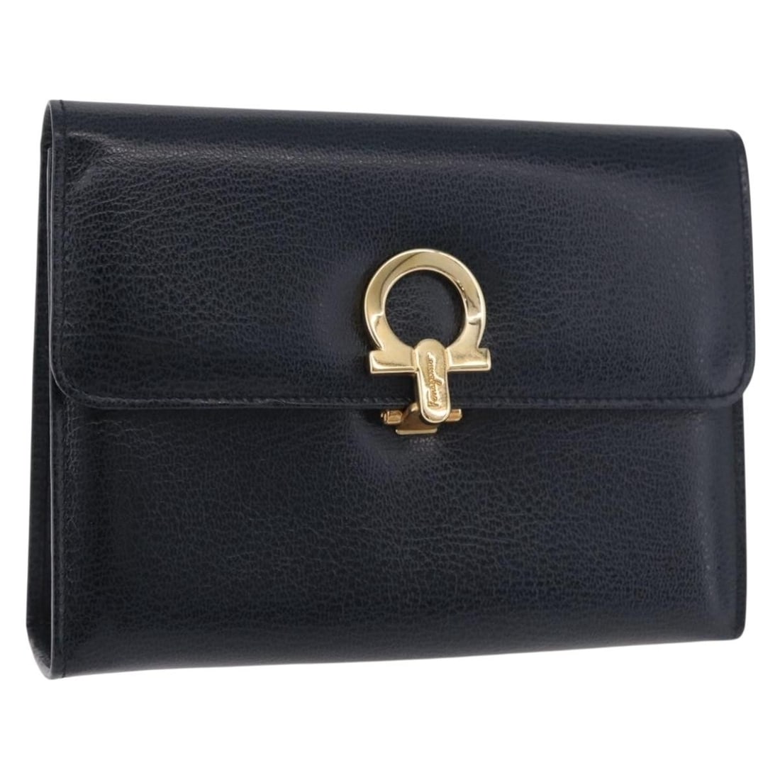 Salvatore Ferragamo Navy Gold Leather Gancini Pouch: Salvatore Ferragamo Navy Gold Leather Gancini Pouch This Salvatore Ferragamo Gancini pouch is crafted from navy leather with gold-tone accents. Designed for women, it features a compact silhouette and