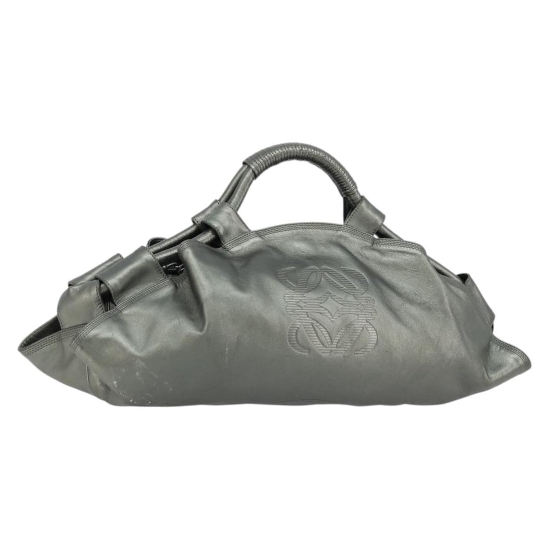 LOEWE Anagram Nappa Aire leather gunmetal handbag: LOEWE Anagram Nappa Aire leather gunmetal handbag This LOEWE Anagram Nappa Aire handbag is crafted from leather in a striking gunmetal color. Made in Spain, it features a spacious design with a handle