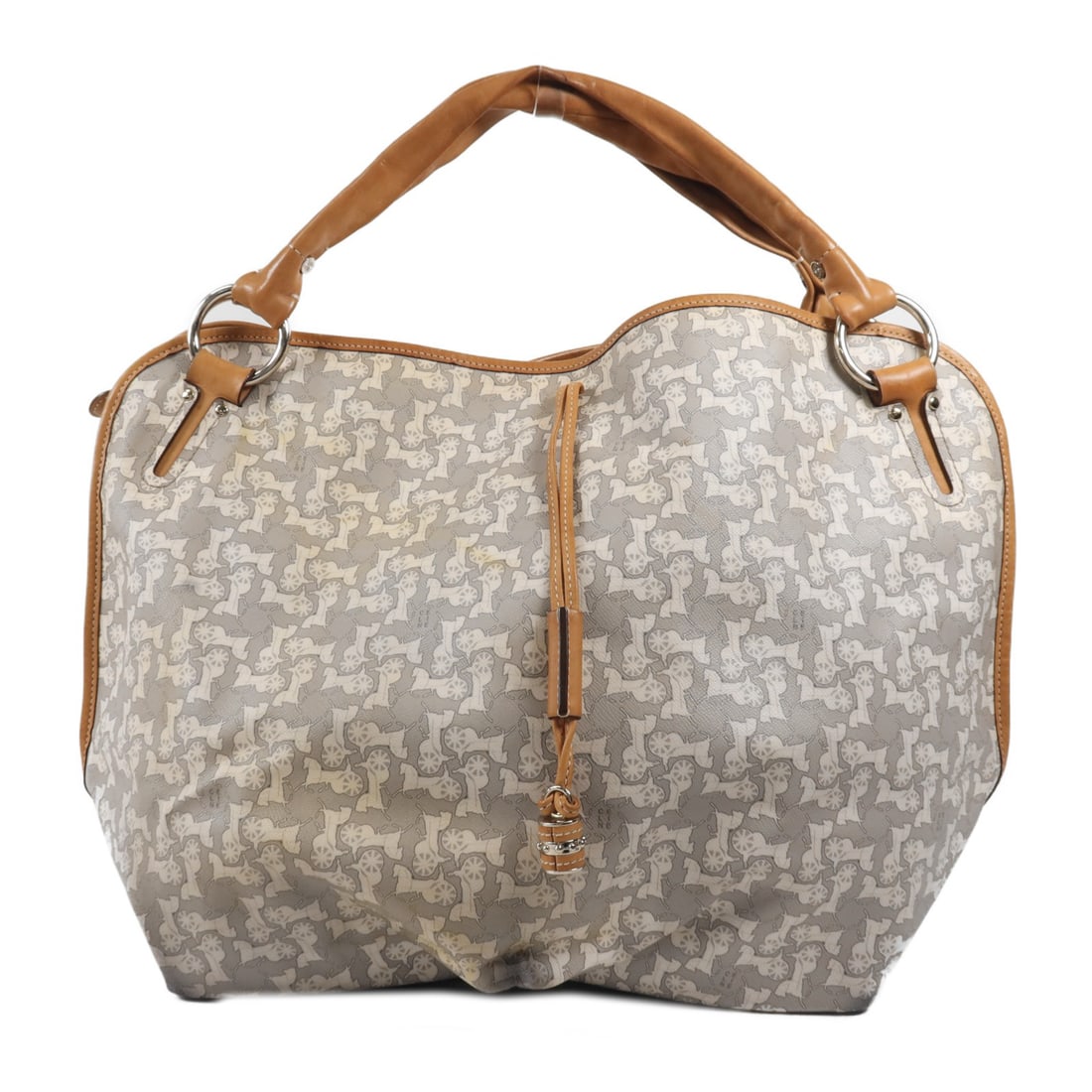CELINE gray coated canvas tote handbag 12.2 x 11.8 x 6.7: CELINE gray coated canvas tote handbag 12.2 x 11.8 x 6.7 This CELINE tote bag features a structured design crafted from durable PVC coated canvas in a sophisticated combination of grey, beige, and bro