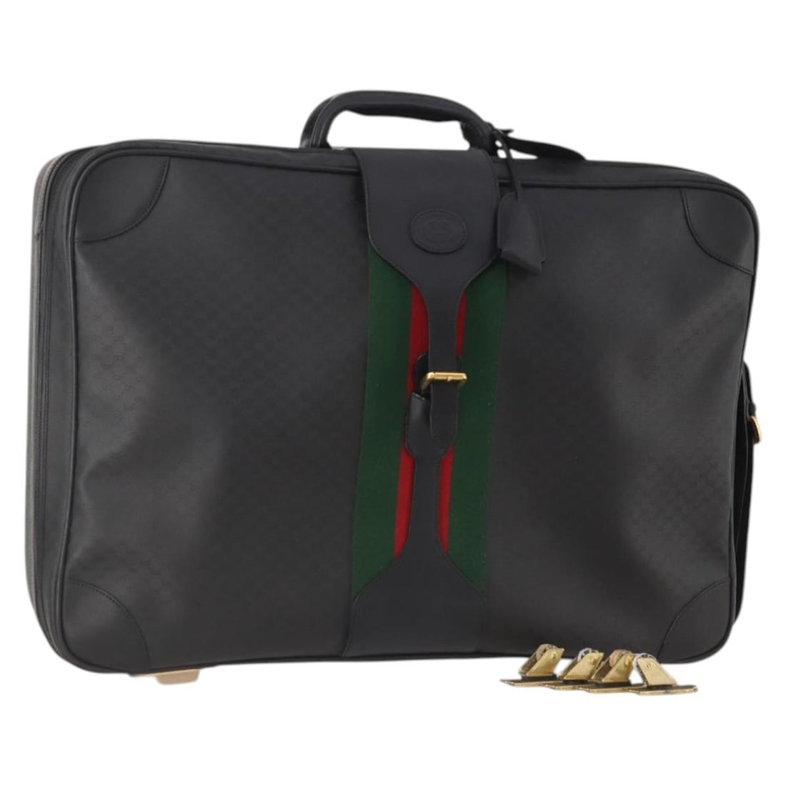 Gucci black PVC leather trunk with padlock clochette name tag: Gucci black PVC leather trunk with padlock clochette name tag Gucci Micro GG Canvas Web Sherry Line trunk in black and gold-tone with PVC leather and Micro Small GG canvas construction. This women's t