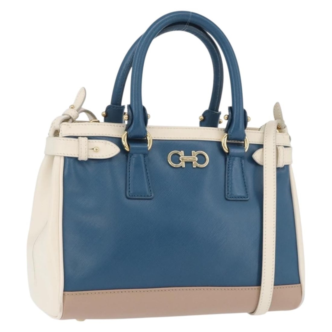 Blue Leather Gancini Shoulder and Handbag by Salvatore Ferragamo: Blue Leather Gancini Shoulder and Handbag by Salvatore Ferragamo This Salvatore Ferragamo Gancini handbag is crafted from blue leather with gold-tone accents. Designed as a versatile 2-way bag, it fea