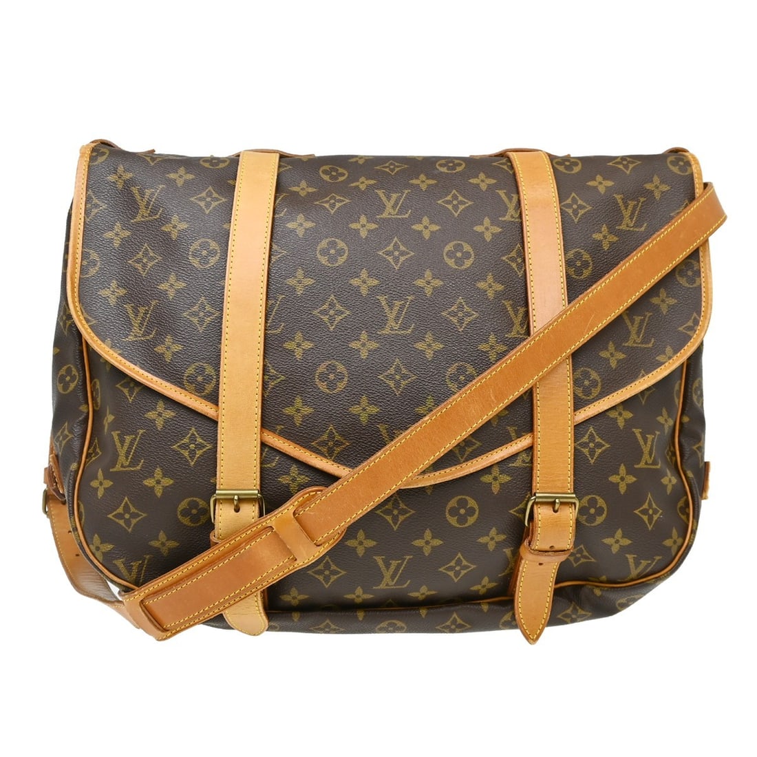 Louis Vuitton Saumur 43 Monogram Canvas Crossbody Shoulder Bag M42252: Louis Vuitton Saumur 43 Monogram Canvas Crossbody Shoulder Bag M42252 Vintage Louis Vuitton Saumur 43 messenger bag in brown Monogram canvas with leather trim and a crossbody strap. This unisex bag fe