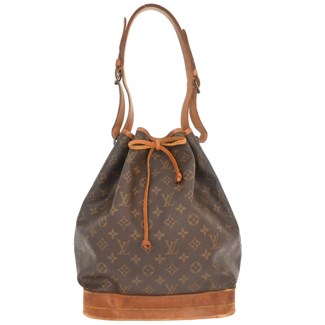 Louis Vuitton Noe Monogram Canvas Drawstring Shoulder Bag M42224: Louis Vuitton Noe Monogram Canvas Drawstring Shoulder Bag M42224 Vintage Louis Vuitton Noe shoulder bag in brown Monogram canvas and leather with a drawstring closure and shoulder strap. Made in Franc