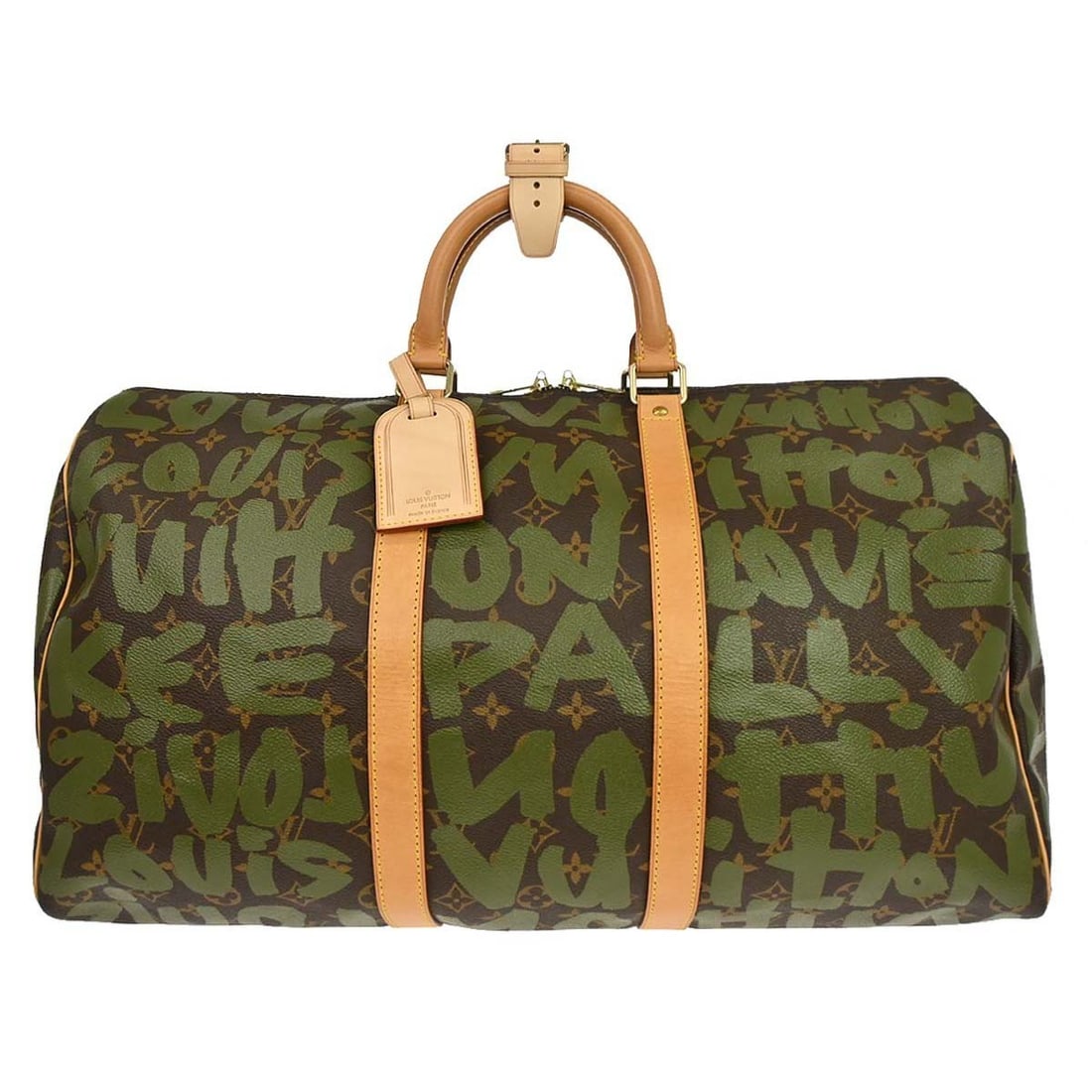 Louis Vuitton Keepall 50 Khaki Monogram Graffiti Travel Duffle M92196: Louis Vuitton Keepall 50 Khaki Monogram Graffiti Travel Duffle M92196 Louis Vuitton Keepall 50 duffle bag in khaki Monogram Graffiti canvas with leather trim. This large travel bag features a zip clos