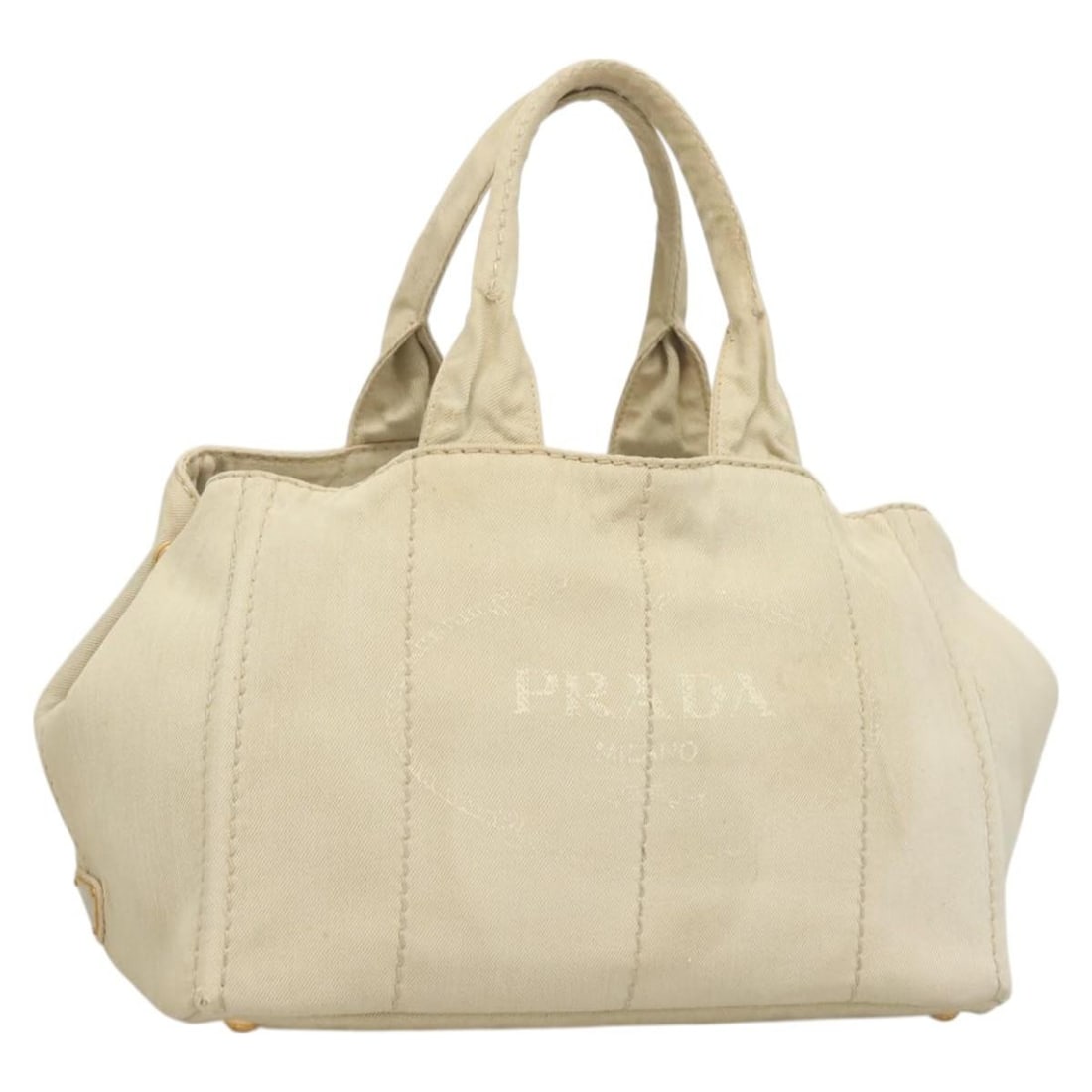 PRADA Canapa Beige Gold Canvas Tote Bag with Guarantee Card: PRADA Canapa Beige Gold Canvas Tote Bag with Guarantee Card This PRADA Canapa MM handbag is crafted from beige and gold canvas and designed for women. Made in Italy, it features dual top handles with 
