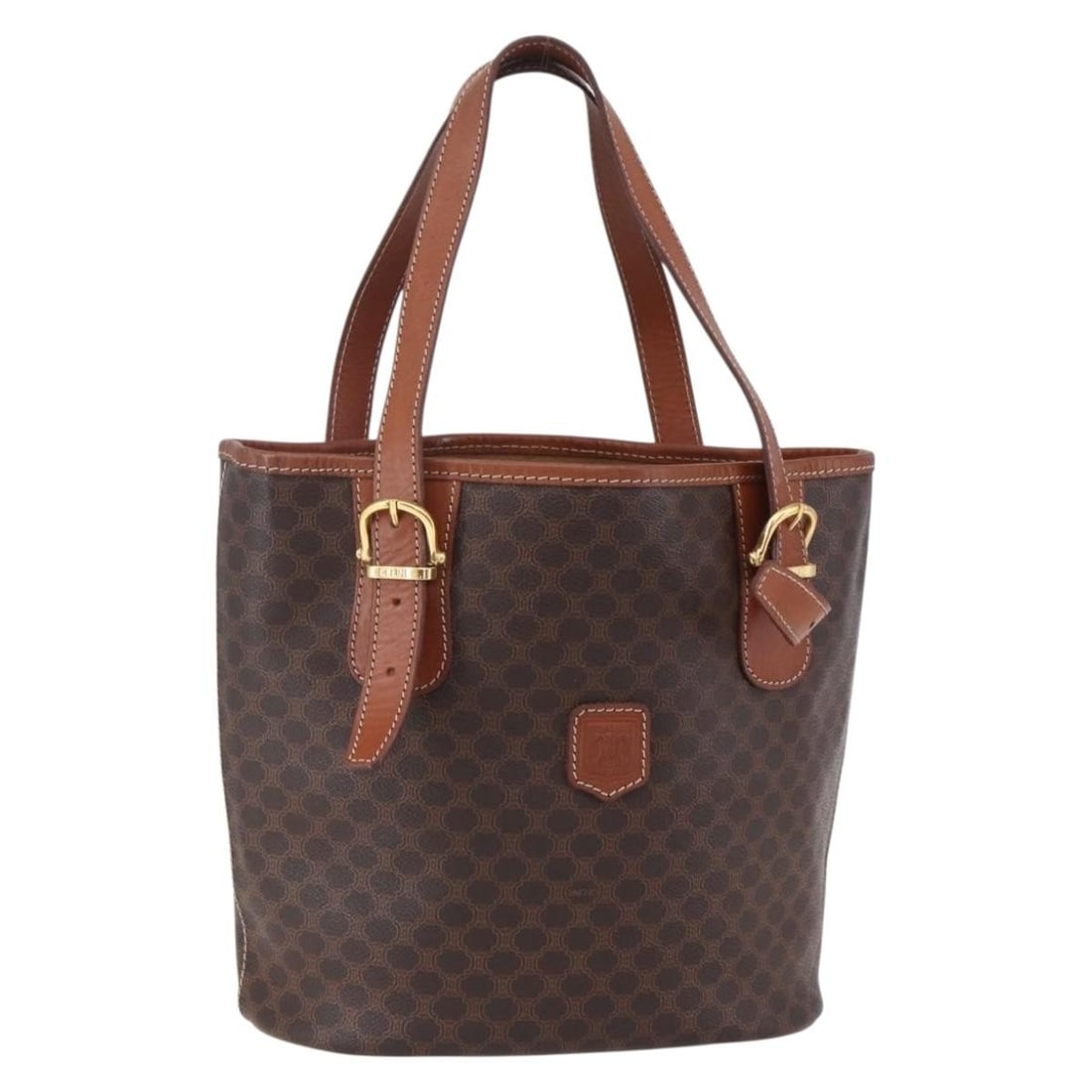 CELINE Macadam Brown Gold PVC Leather Tote Bag Auth M95: CELINE Macadam Brown Gold PVC Leather Tote Bag Auth M95 This authentic CELINE Macadam Canvas Tote Bag is a stylish accessory crafted in Italy, featuring a blend of PVC leather and Macadam canvas. The 