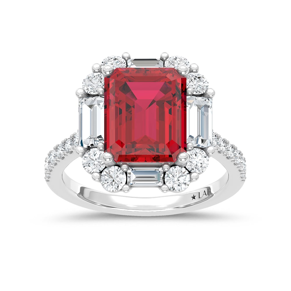 14K White Gold Lab Grown Diamond 6 Ct.Tw. Cushion Shape Recrystalized Ruby Engagement Ring (Center 4: 14K White Gold Lab Grown Diamond 6 Ct.Tw. Cushion Shape Recrystalized Ruby Engagement Ring (Center 4 1/2 ct) Exude sophistication with this 14K white gold engagement ring, featuring a magnificent 4 1/