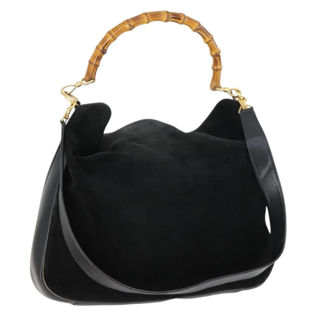 Black Suede 2way Gucci Bamboo Handbag with Shoulder Strap and Gold Accents: Black Suede 2way Gucci Bamboo Handbag with Shoulder Strap and Gold Accents This GUCCI Bamboo Hand Bag is crafted from black suede and features gold-tone accents. Designed as a 2-way bag, it can be car