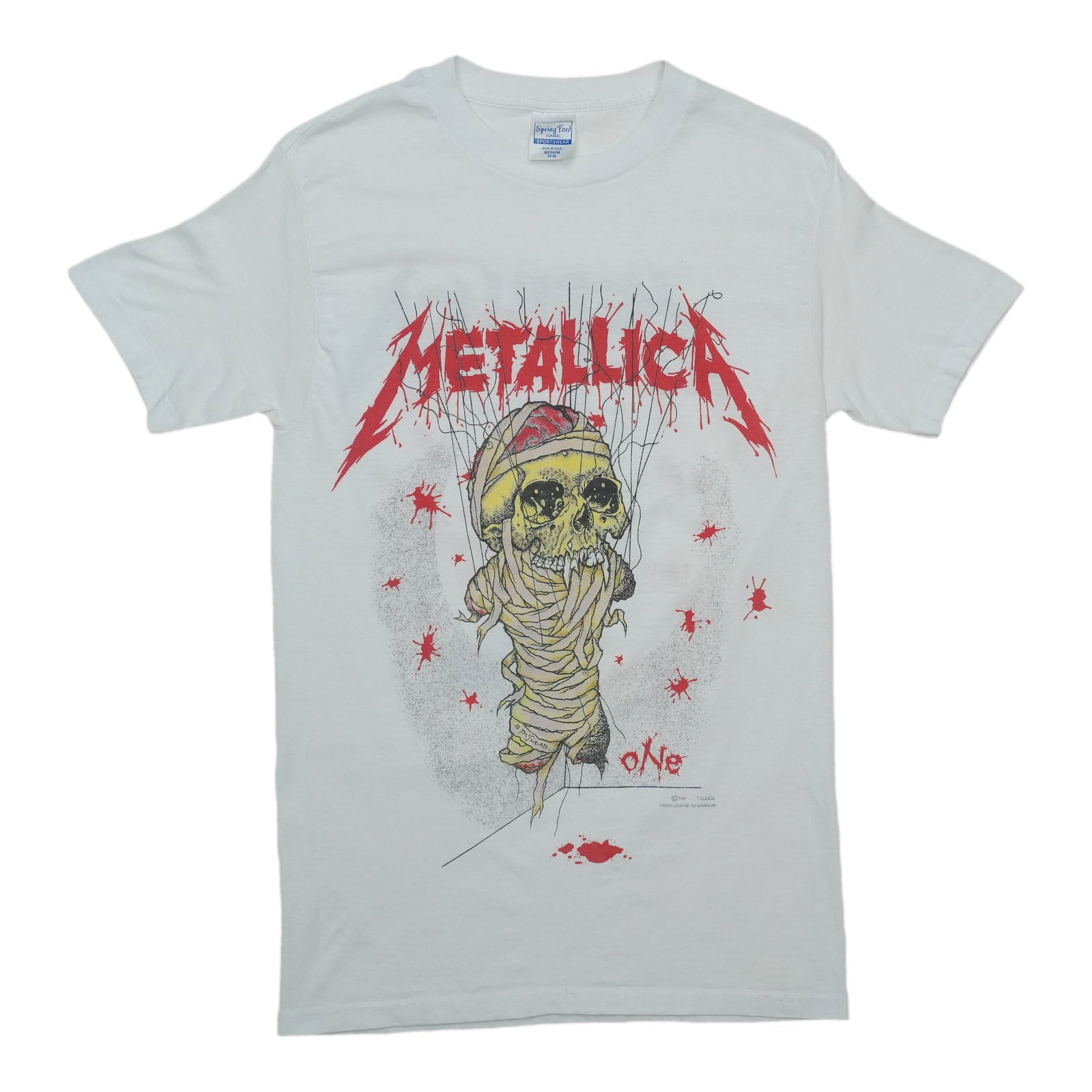 Vintage 1989 Metallica One White Cotton Shirt Medium: Vintage 1989 Metallica One White Cotton Shirt Medium This is an original vintage 1989 Metallica "One" shirt, not a modern reproduction. Made from 100% cotton, the shirt comes in white and features mea
