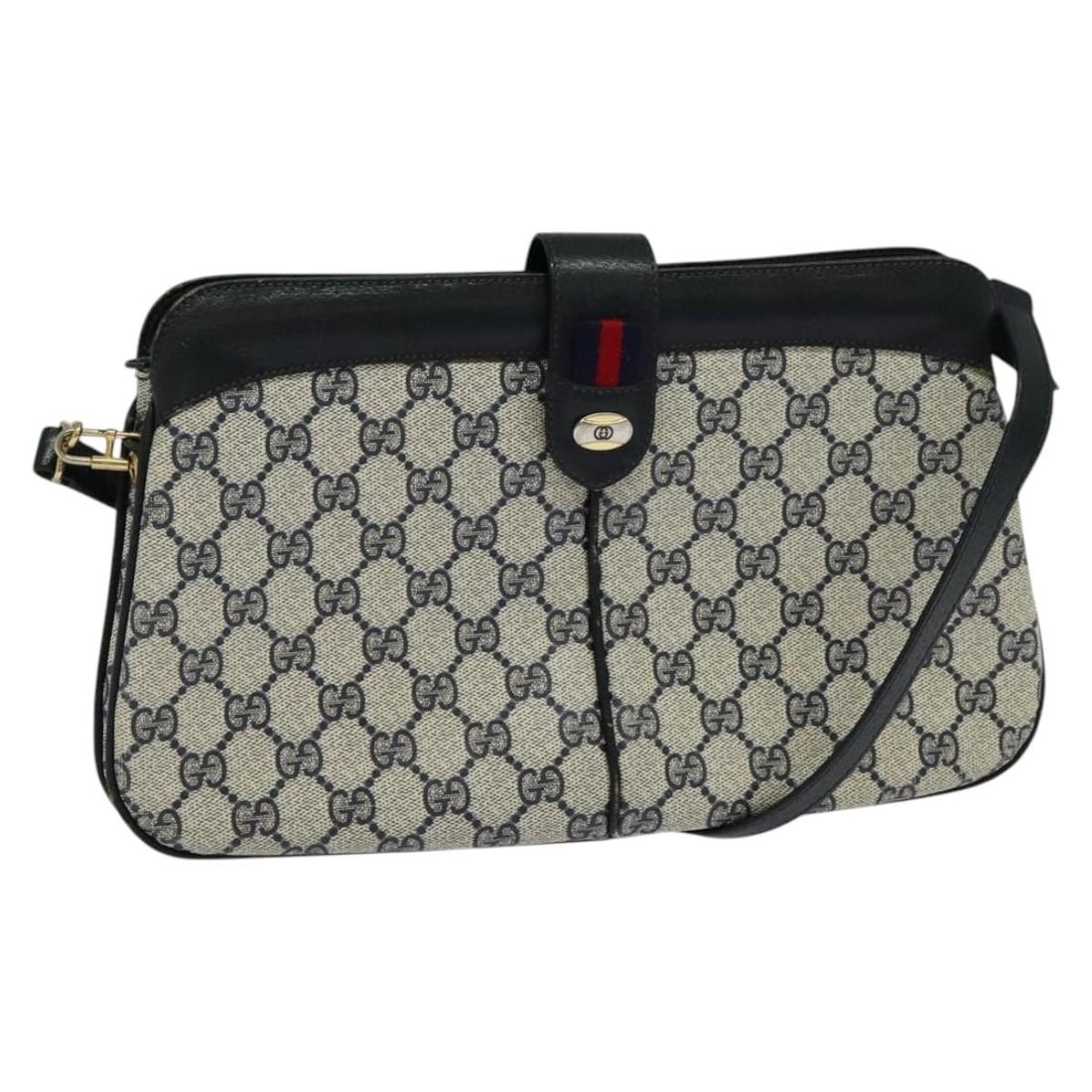 Gucci Sherry Line Navy GG Supreme Shoulder Bag PVC Leather Gold Accents: Gucci Sherry Line Navy GG Supreme Shoulder Bag PVC Leather Gold Accents This is a women's Gucci GG Supreme Sherry Line shoulder bag crafted from navy and gold PVC leather and GG canvas. The bag featur