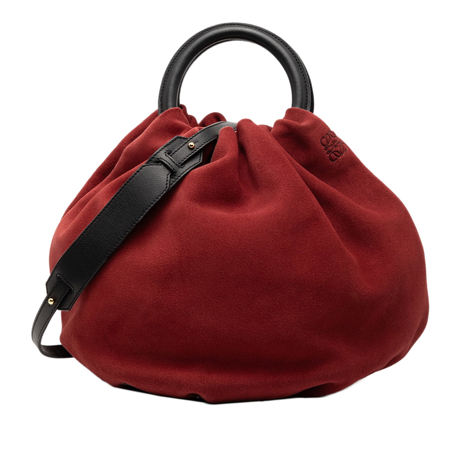 Loewe Red Suede Bounce Handbag with Leather Handles and Strap: Loewe Red Suede Bounce Handbag with Leather Handles and Strap This LOEWE Bounce Bag features a suede leather body in red, complemented by rolled leather handles and a flat leather strap. The bag is de
