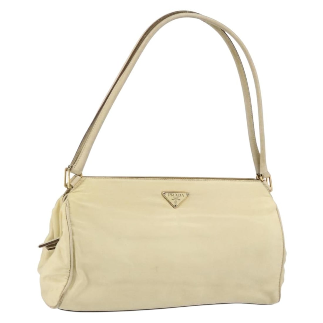 PRADA Beige Gold Nylon Shoulder Bag with Guarantee Card: PRADA Beige Gold Nylon Shoulder Bag with Guarantee Card This PRADA shoulder bag is a stylish accessory crafted from durable nylon in a chic beige and gold color scheme. The bag features a spacious int