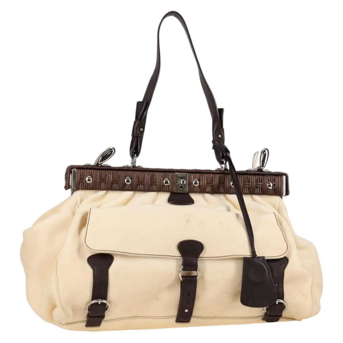 Salvatore Ferragamo Gancini Hand Bag Leather Ivory Silver Made in Italy: Salvatore Ferragamo Gancini Hand Bag Leather Ivory Silver Made in Italy This elegant Salvatore Ferragamo Gancini Hand Bag features a beautiful ivory and silver leather exterior, ideal for adding a tou
