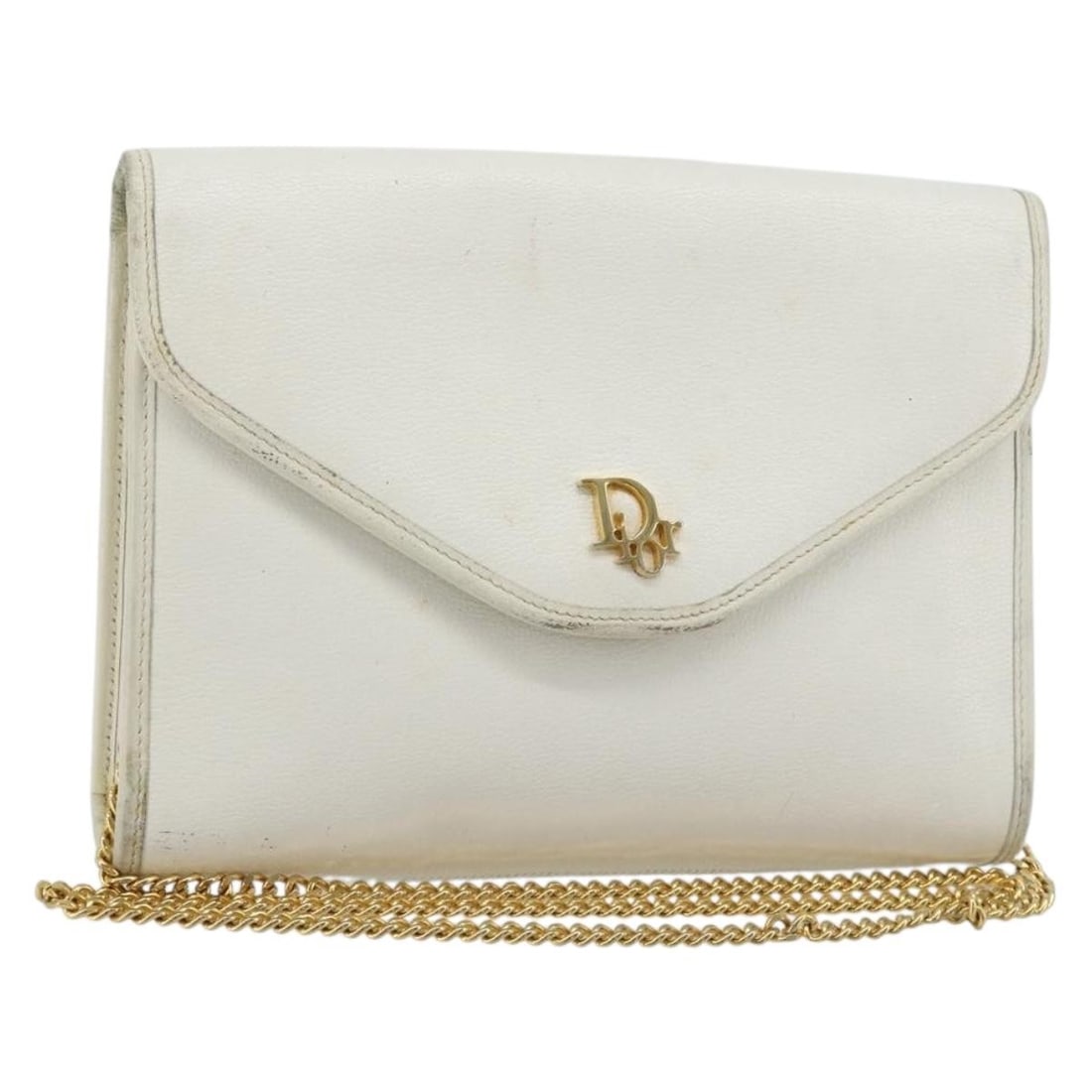 Christian Dior White Leather Shoulder Bag Gold Chain France: Christian Dior White Leather Shoulder Bag Gold Chain France This Christian Dior shoulder bag is crafted from white and gold leather and features a chain strap. The bag is designed with a compact silho