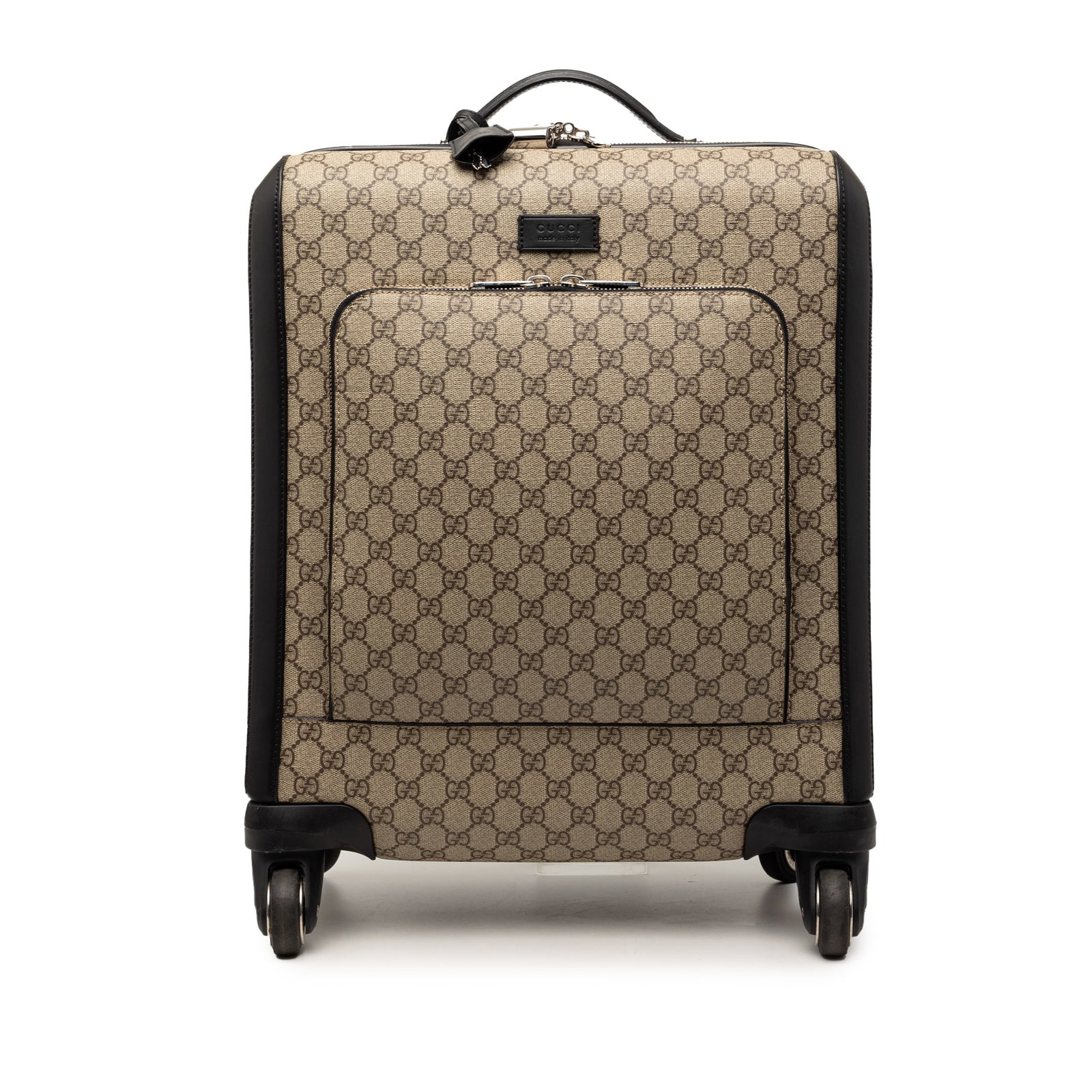 GG Supreme Beige Rolling Luggage with Leather Trim by Gucci: GG Supreme Beige Rolling Luggage with Leather Trim by Gucci This Gucci GG Supreme Carry On Rolling Suitcase features a coated canvas body with leather trim, a flat leather top handle, a retractable ha